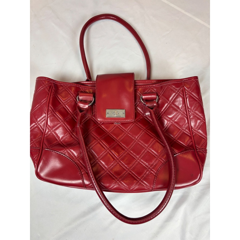 Tommy Hilfiger Red Quilted Faux Leather Shoulder Bag Tote Silver Tone Hardware
